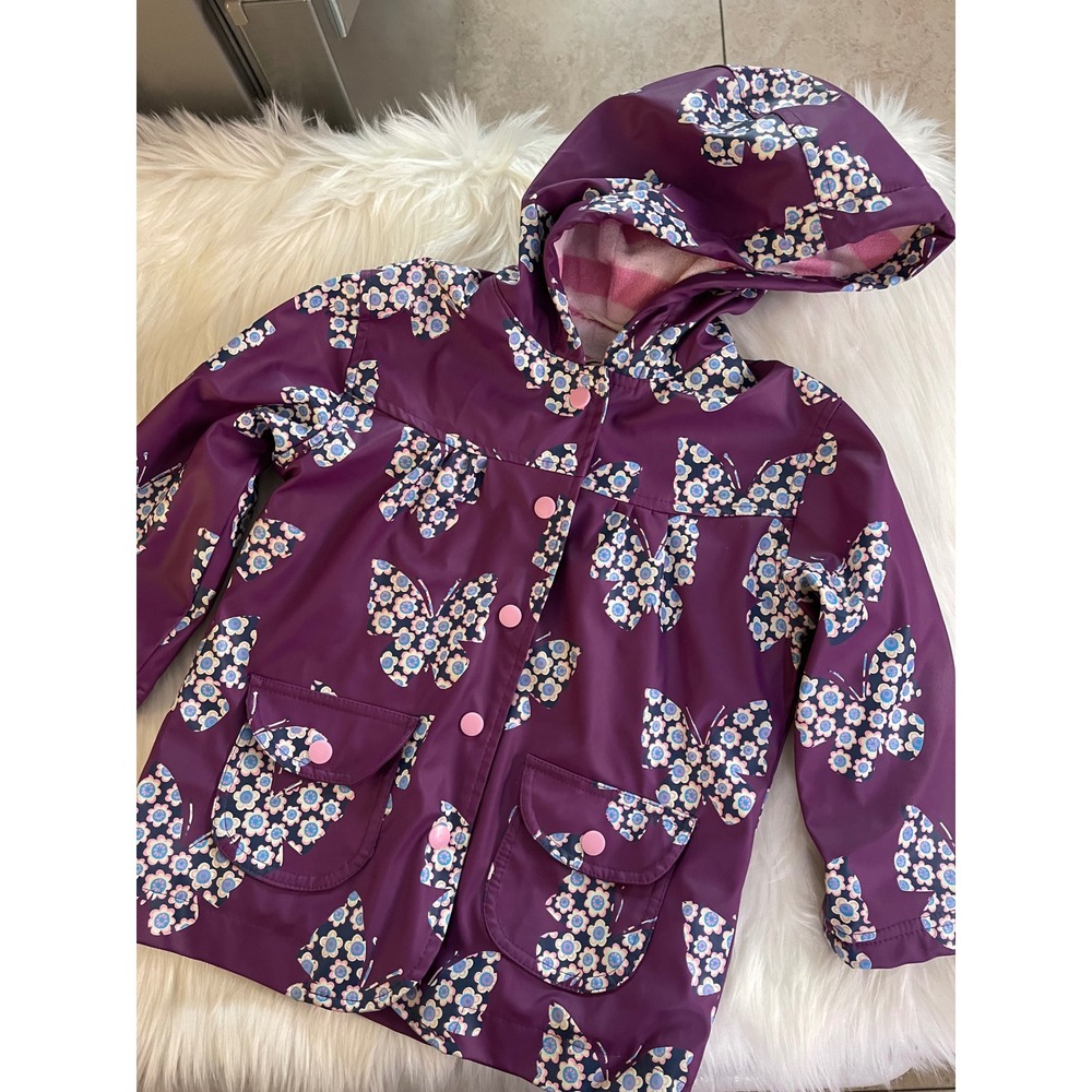 Hatley kids Girls Raincoat Jacket Purple Floral Butterfly Pink White Lined Sz 3